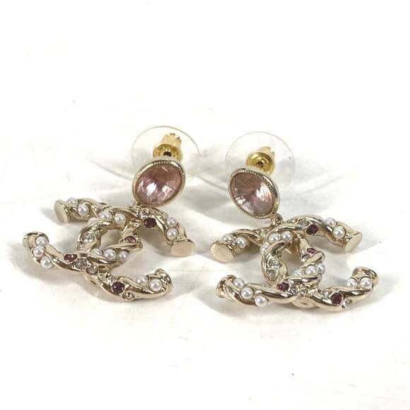 CHANEL Pink Pearl Logo Earrings